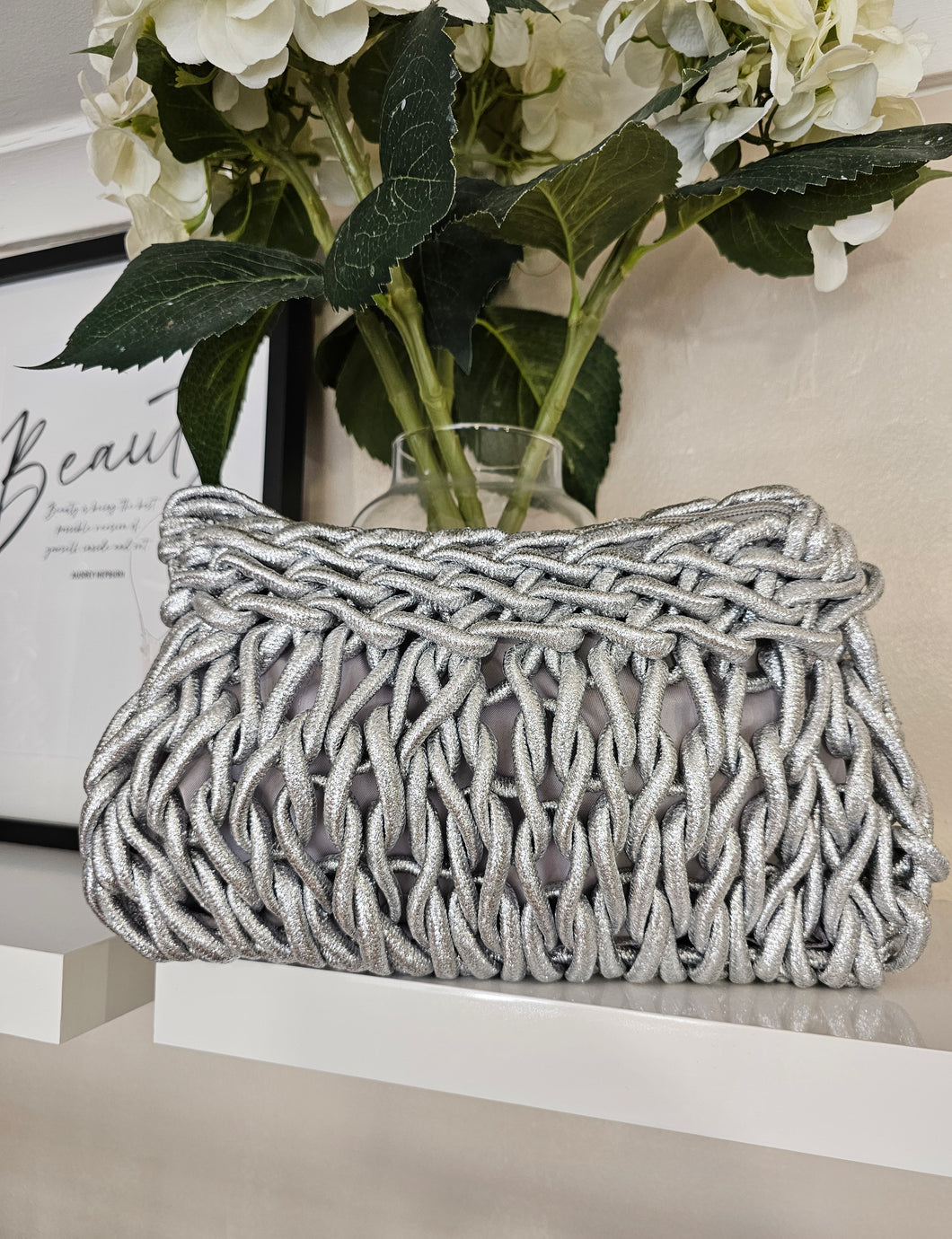 New silver large Hattie Clutch