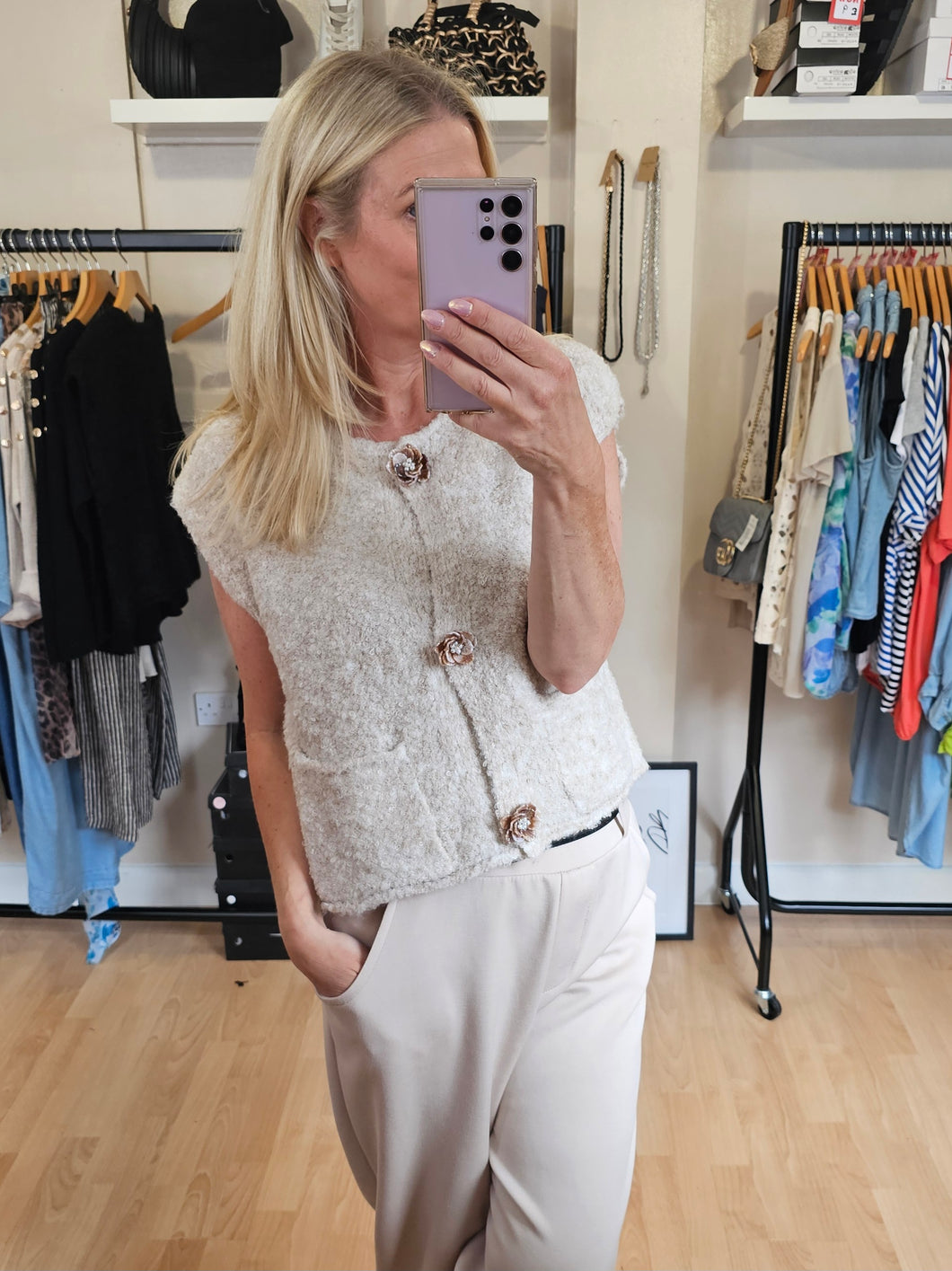 NEW oatmeal shell button Tank