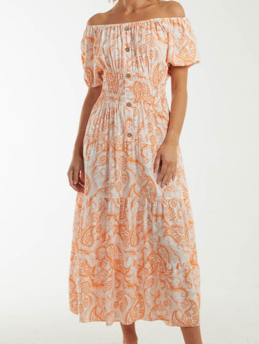 Orange floral bardot Midi Dress