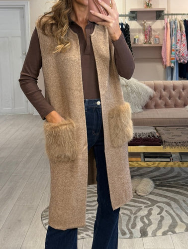 New Camel faux fur pocket trim Waistcoat