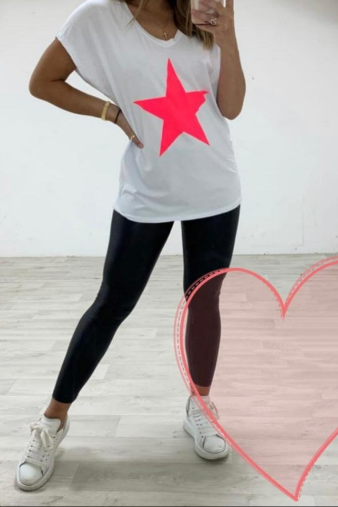 White neon pink star T-shirt