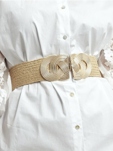 Beige straw elasticated gold loop Belt
