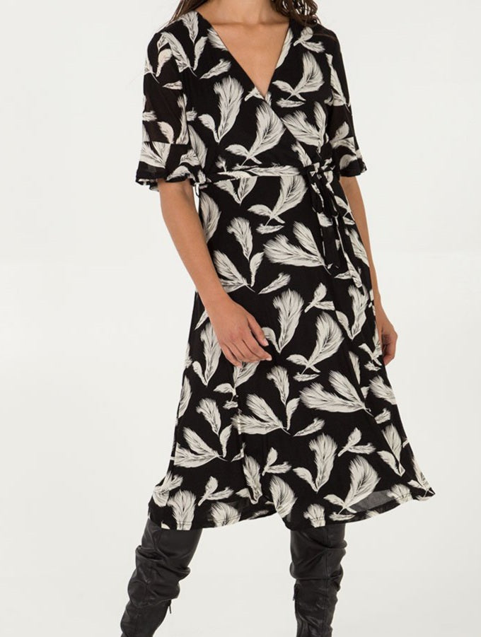 Frill sleeve wrap midi Dress