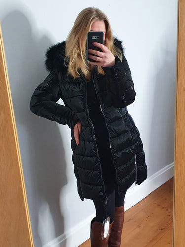 Black faux fur hood Coat