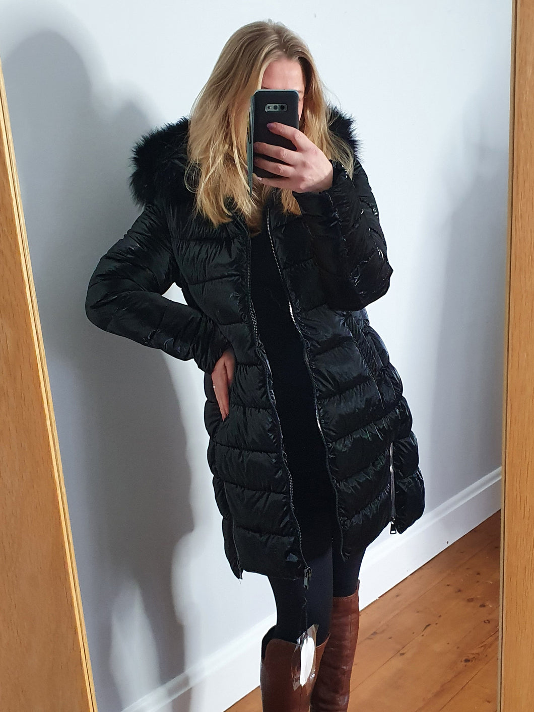 Black faux fur hood Coat