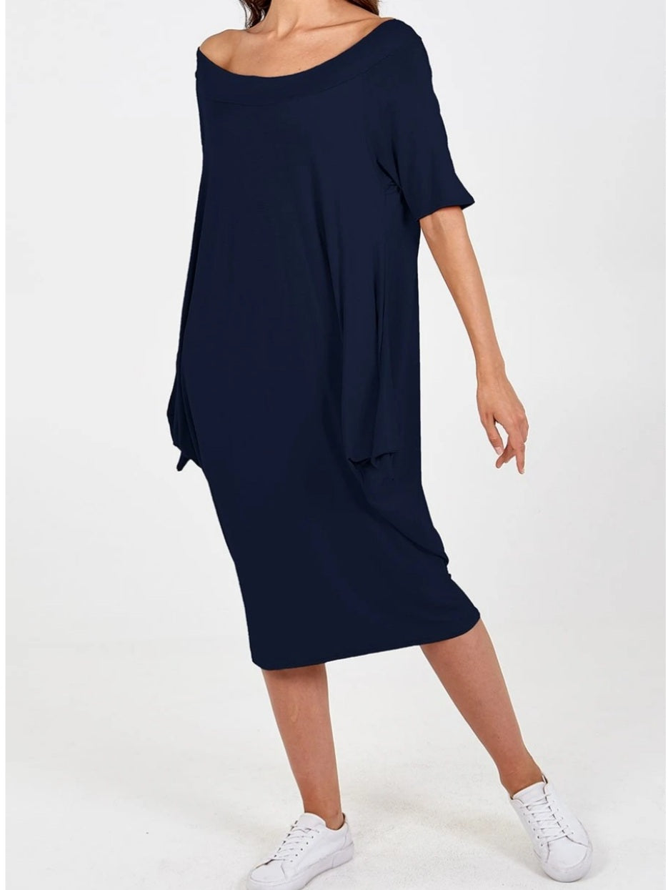 Navy bardot midi Dress