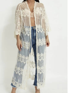 Cream Embroidered long Kimono