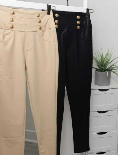 Black Military button faux leather Leggings